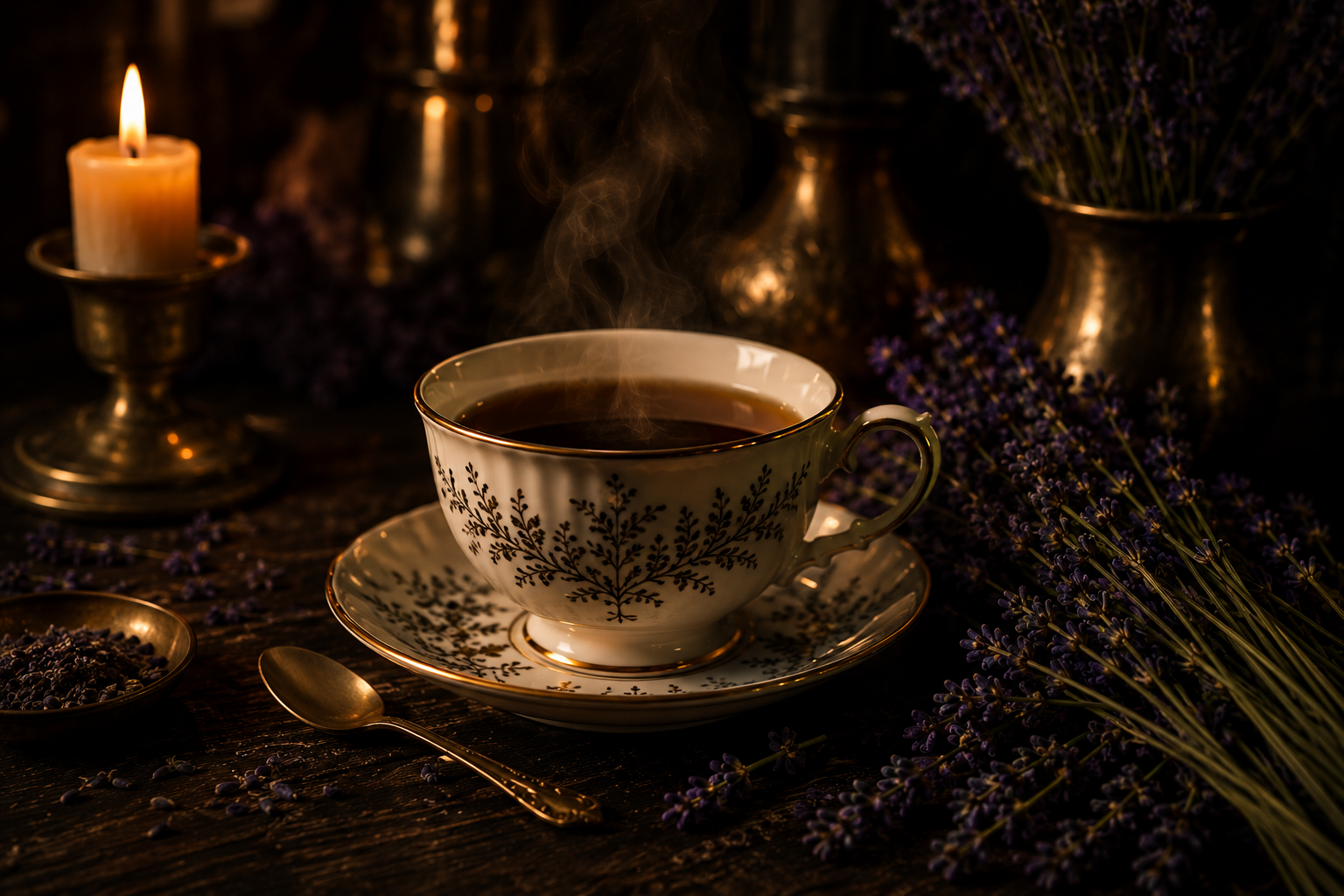 Candlelit teacup with lavender