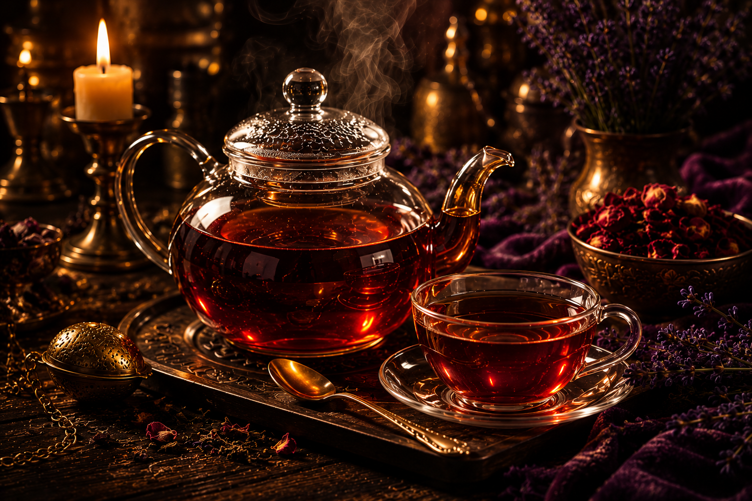 Glass teapot glowing in candlelight